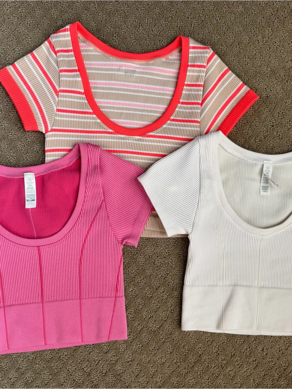 Ribbed Scoop-Neck Crop Top - Pink, White, Multi-Stripe - Picture 1 of 2